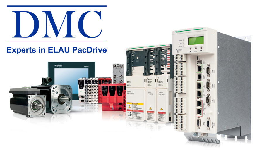 DMC logo with tagline 'Experts in ELAU PacDrive' above a range of Schneider Electric automation components, including servo motors, safety modules, operator panels, and PacDrive LMC motion controllers.